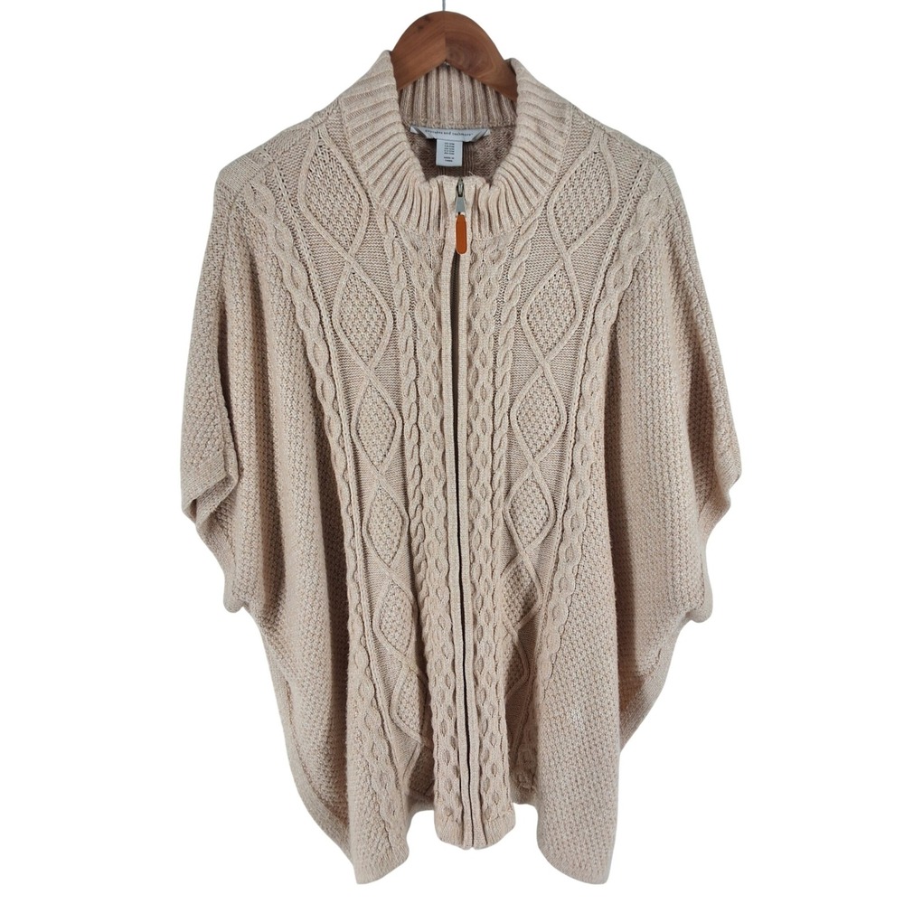 Cupcakes and Cashmere Tan Cable Knit Full Zip Poncho Sweater Mock Neck S/M